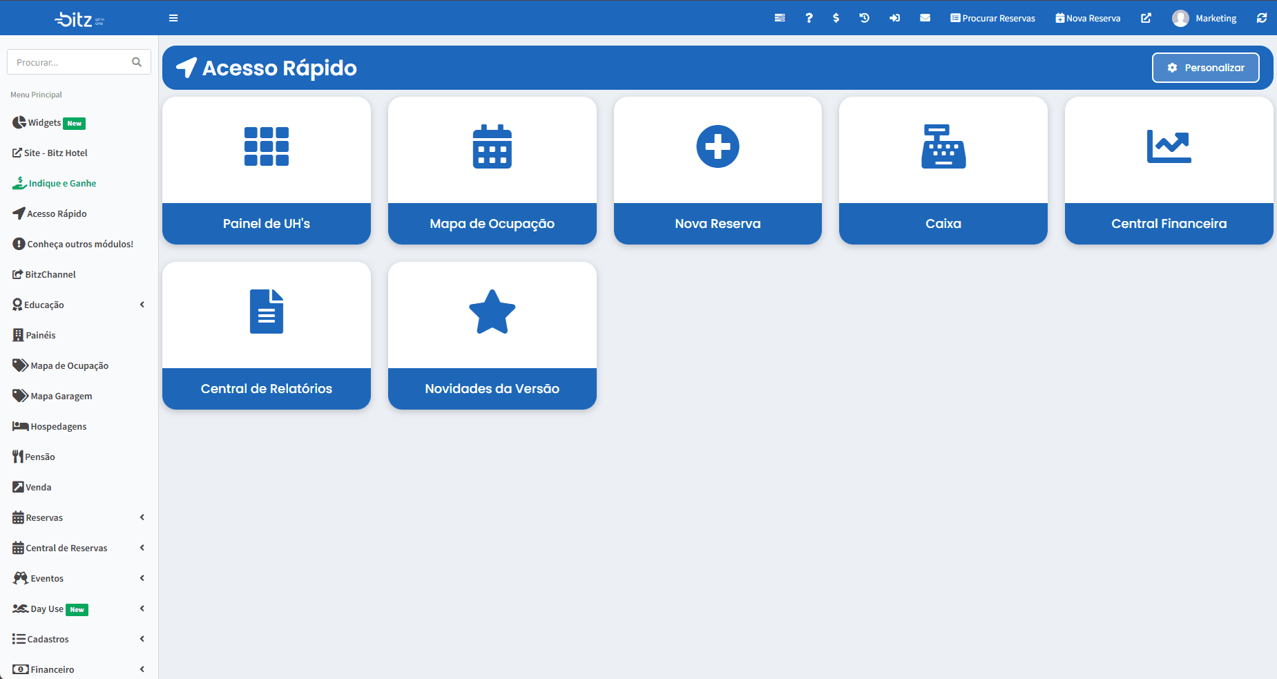 Painel Inicial do Sistema Bitz